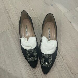 Manolo Blahnik Hangisi Crystal-Buckle Satin Flats